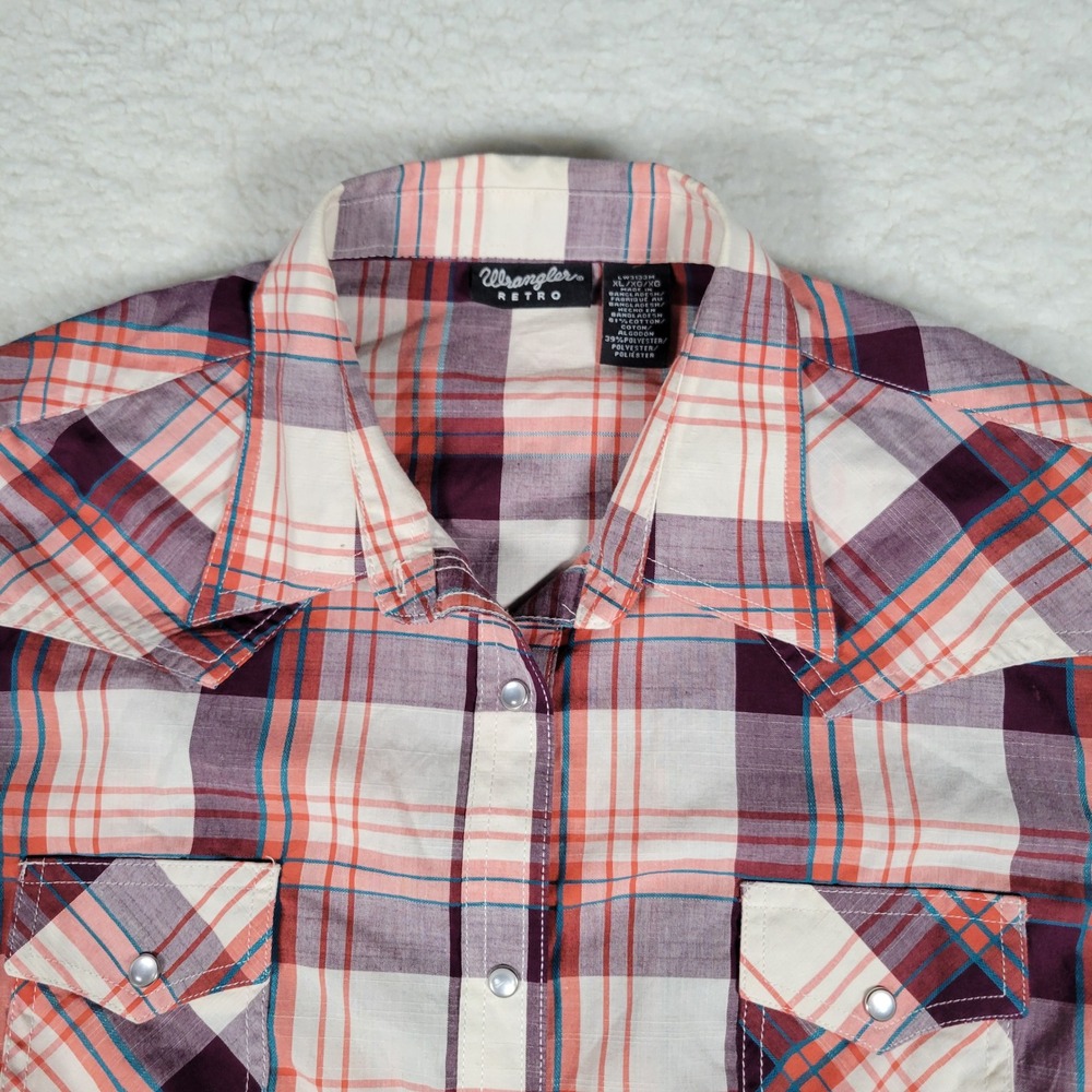 Wrangler Retro Mens XL Plaid Western Snap Shirt Purple Orange Cotton Blend - Picture 5 of 15